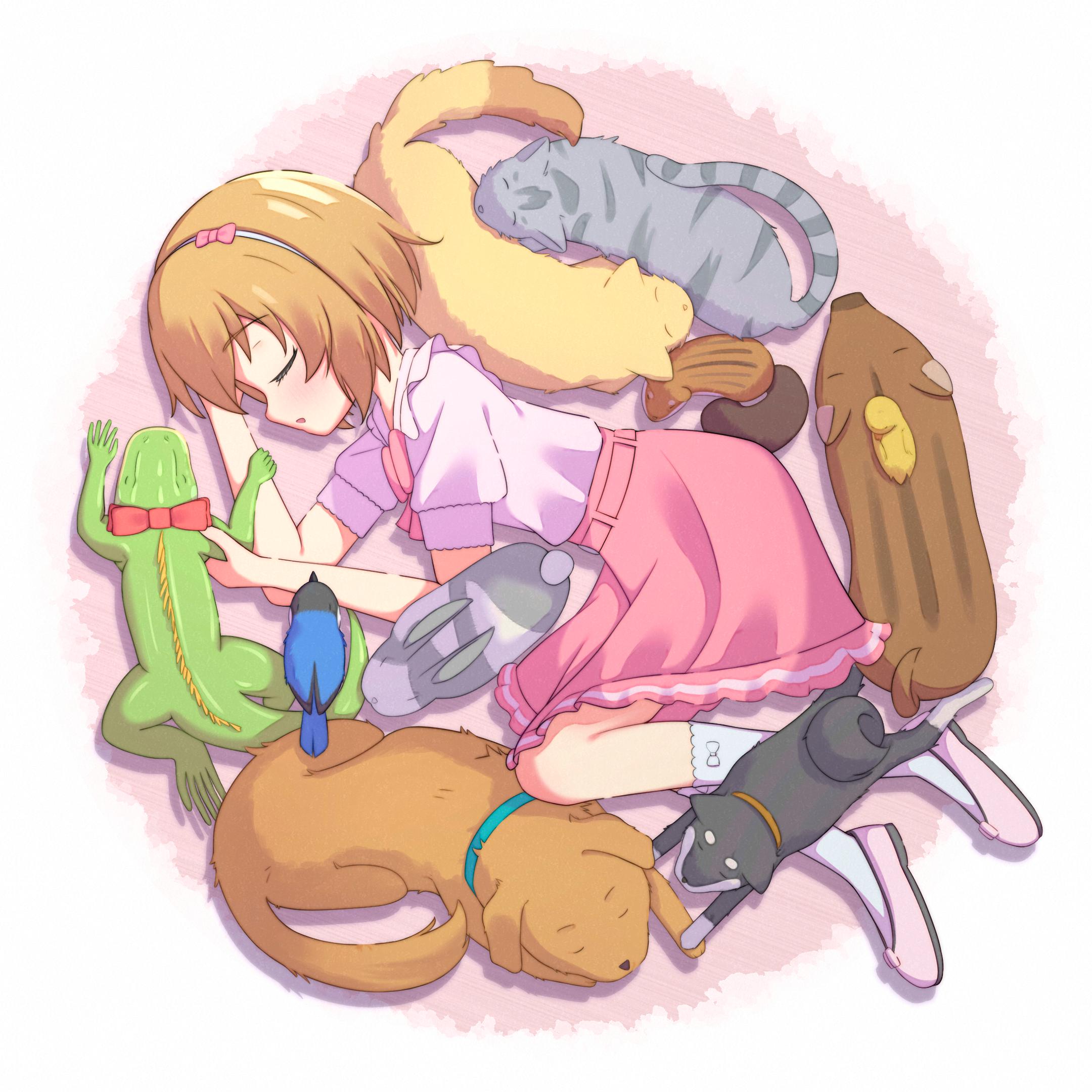 Digital drawing of girl sleeping, surrounded by small animals
